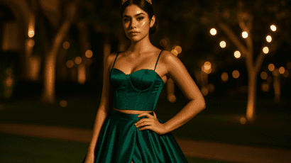 Joven quinceañera con un audaz vestido de dos piezas, una de las tendencias en vestidos de quinceañera 2025, posando con confianza en el jardín de una hacienda moderna.