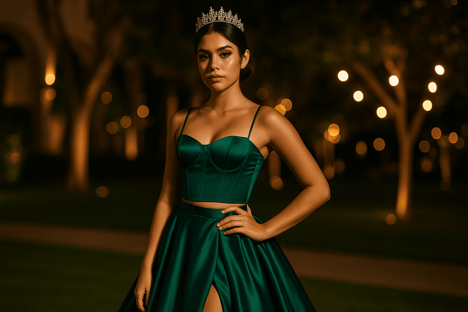 Joven quinceañera con un audaz vestido de dos piezas, una de las tendencias en vestidos de quinceañera 2025, posando con confianza en el jardín de una hacienda moderna.