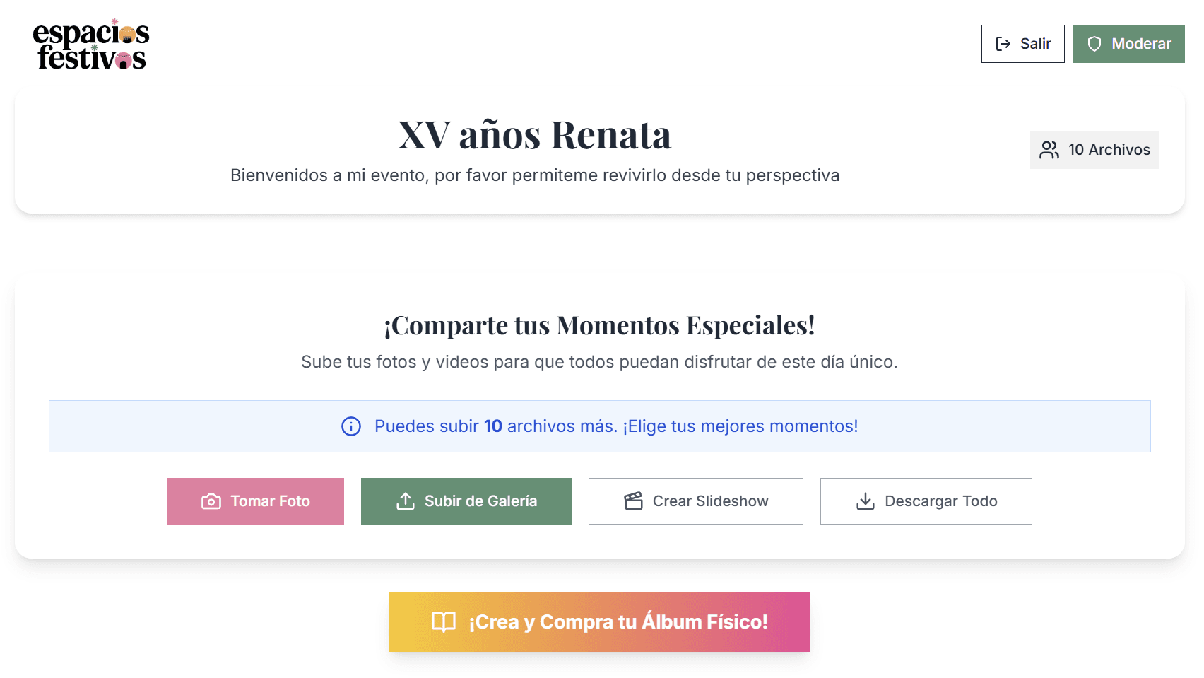 Interfaz de carga y descarga del Álbum Colaborativo de Espacios Festivos