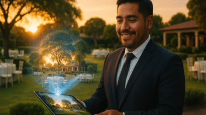 Gerente de eventos usando un tour virtual para eventos en un jardín