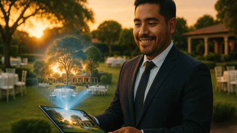 Gerente de eventos usando un tour virtual para eventos en un jardín