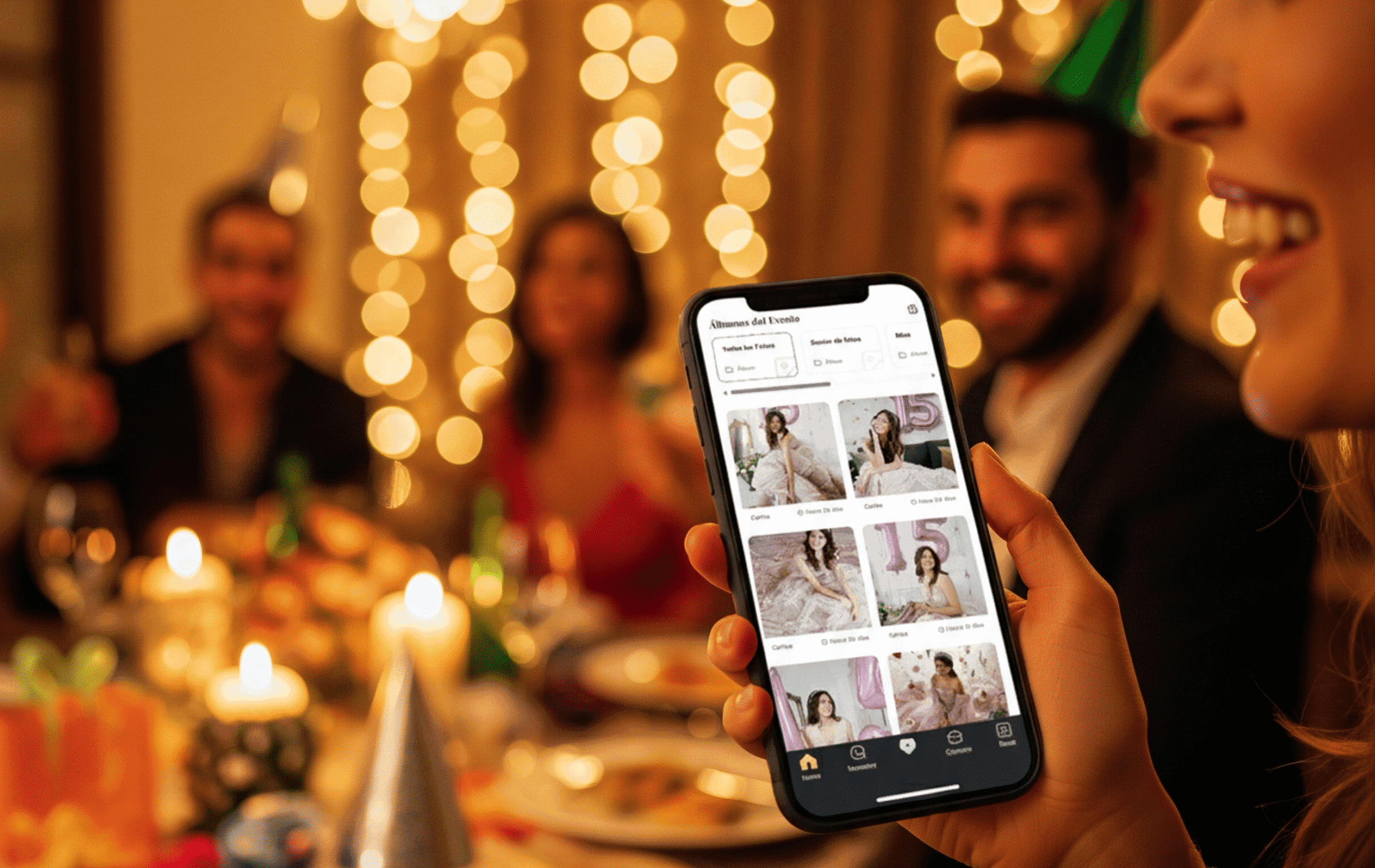 Invitados en una fiesta de cumpleaños viendo un álbum colaborativo de fotos en un teléfono móvil, mostrando cómo se comparten los momentos en tiempo real en un evento en Ciudad de México.